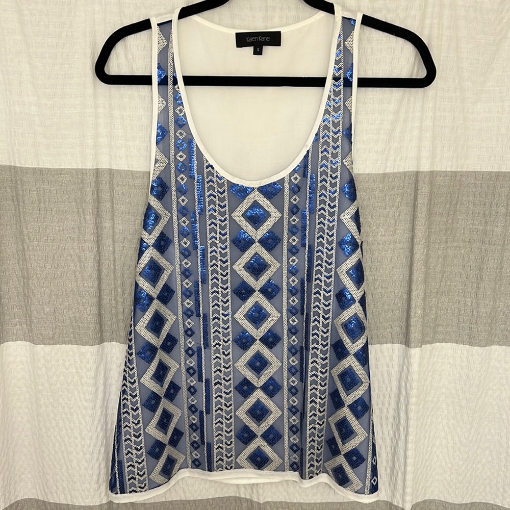 Karen Kane women’s sequin blouse. Sleeveless, royal blue/silver color. Size S.